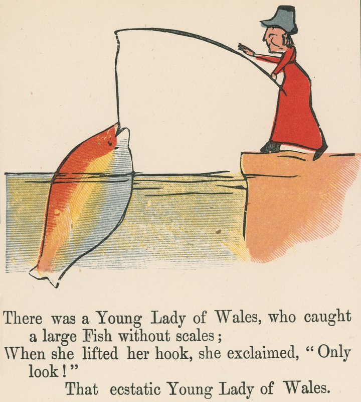 Havia uma jovem senhora de Gales, que capturou um peixe grande sem escamas, de "Um livro de bobagens", publicado por Frederick Warne and Co., Londres, c.1875 de Edward Lear