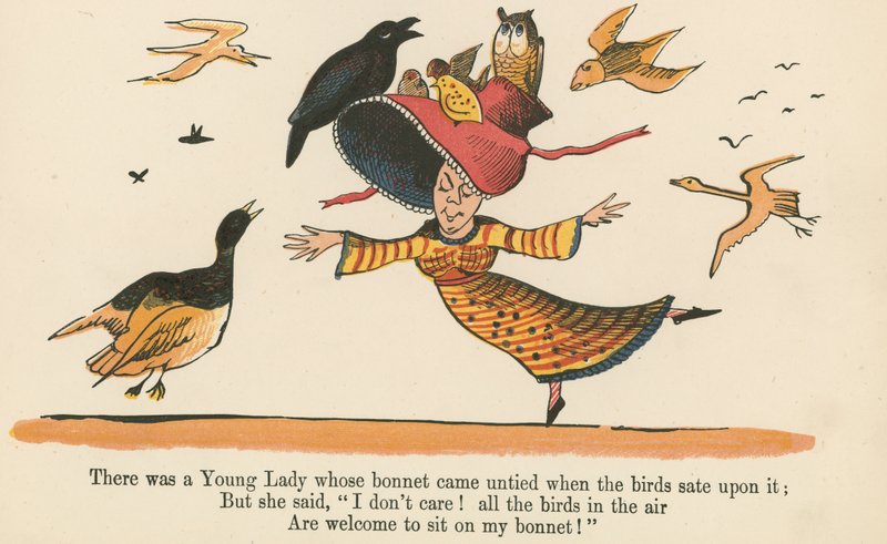 Havia uma jovem senhora cujo chapéu foi desatado quando os pássaros pousaram sobre ele, de &39;Um livro de tolices&39;, publicado por Frederick Warne and Co., Londres, c.1875 de Edward Lear