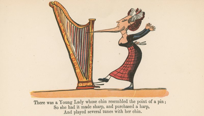 Havia uma jovem senhora cujo queixo se assemelhava à ponta de um alfinete, de "A Book of Nonsense", publicado por Frederick Warne and Co., Londres, c.1875 de Edward Lear