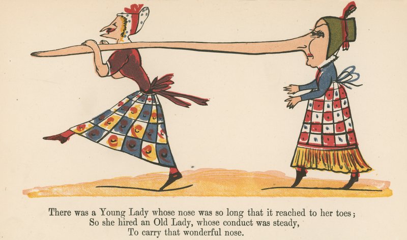 Havia uma jovem senhora cujo nariz era tão comprido que chegava até os dedos dos pés, de "Um livro sem sentido", publicado por Frederick Warne and Co., Londres, c.1875 de Edward Lear