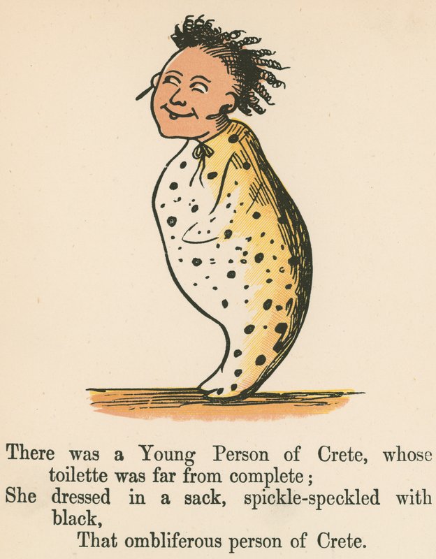 Havia um jovem de Creta, cuja toilette estava longe de ser completa, de "Um livro de tolices", publicado por Frederick Warne and Co., Londres, c.1875 de Edward Lear