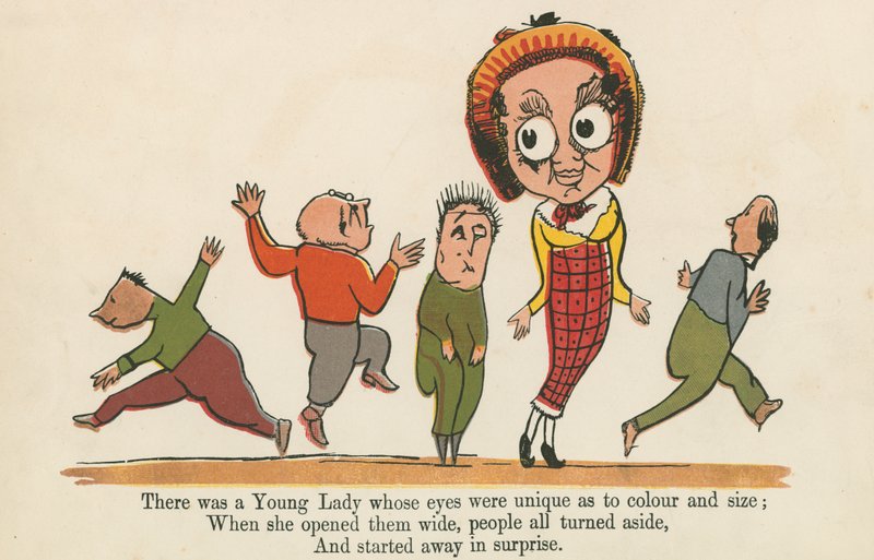 Havia uma jovem cujos olhos eram únicos quanto a cor e tamanho, de "Um livro de bobagens", publicado por Frederick Warne and Co., Londres, c.1875 de Edward Lear