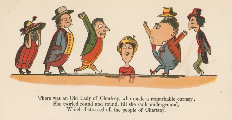 Houve uma senhora idosa de Chertsey, que fez uma notável reverência, de "A Book of Nonsense", publicada por Frederick Warne and Co., Londres, c.1875 de Edward Lear