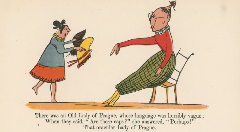 Havia uma velha senhora de Praga, cuja linguagem era terrivelmente vaga, de "Um livro de bobagens", publicado por Frederick Warne and Co., Londres, c.1875 de Edward Lear