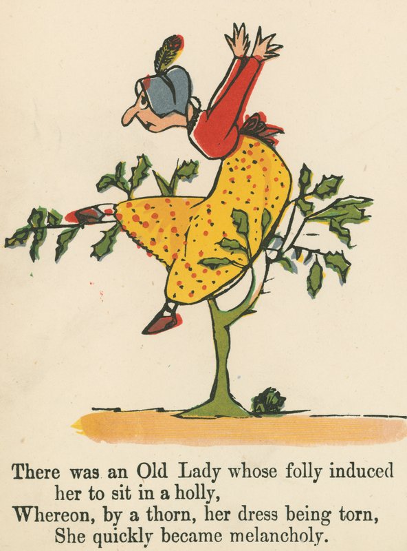 Havia uma velha senhora cuja loucura induziu-a a sentar-se em um azevinho, de "Um livro de tolices", publicado por Frederick Warne and Co., Londres, c.1875 de Edward Lear
