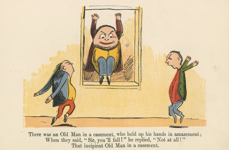 Havia um Velho em um caixilho, que ergueu as mãos, surpreso, de "Um livro sem sentido", publicado por Frederick Warne and Co., Londres, c.1875 de Edward Lear