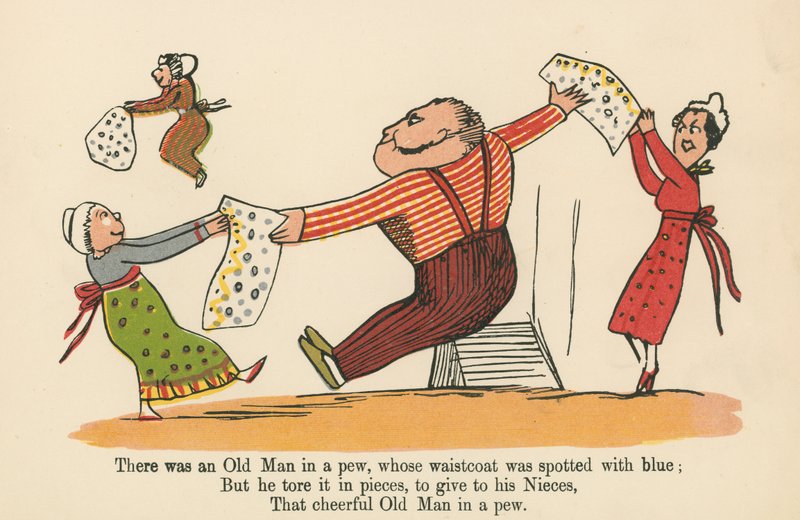 Havia um Velho em um banco, cujo colete estava manchado de azul, de "Um livro de bobagens", publicado por Frederick Warne and Co., Londres, c.1875 de Edward Lear