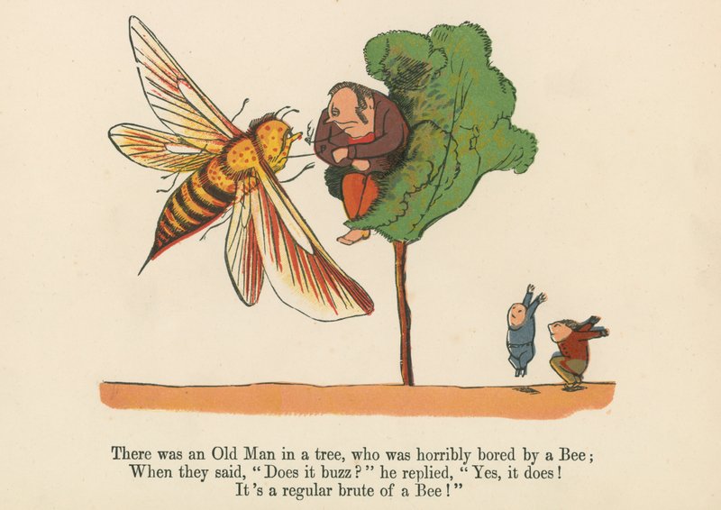Havia um Velho em uma árvore, que estava terrivelmente entediado com uma abelha, de "Um livro de bobagens", publicado por Frederick Warne and Co., Londres, c.1875 de Edward Lear