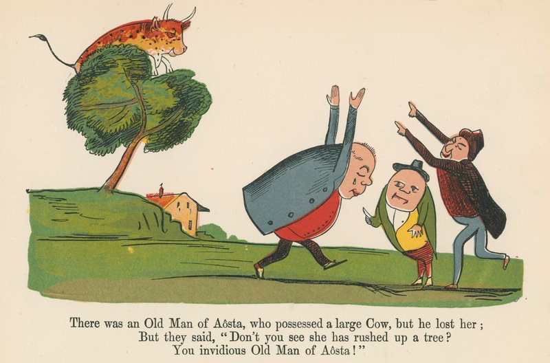 Havia um velho homem de Aosta, que possuía uma grande vaca, mas ele a perdeu, de "Um livro do absurdo", publicado por Frederick Warne and Co., Londres, c.1875 de Edward Lear