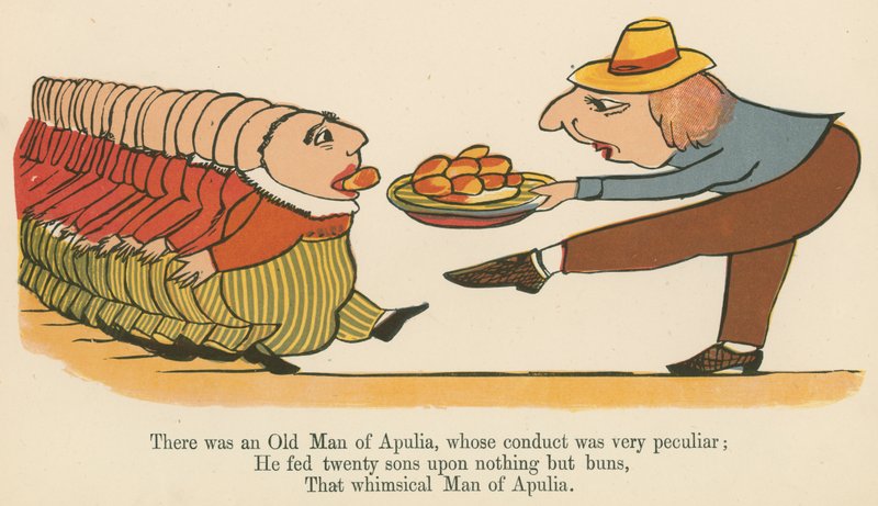 Havia um Velho da Apúlia, cuja conduta era muito peculiar, de "Um livro de tolices", publicado por Frederick Warne and Co., Londres, c.1875 de Edward Lear