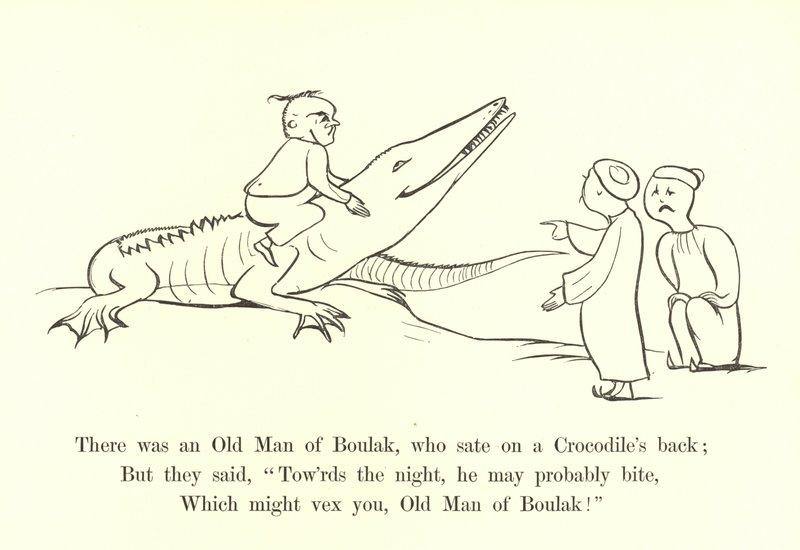 Havia um velho homem de Boulak, que estava sentado nas costas de um crocodilo de Edward Lear