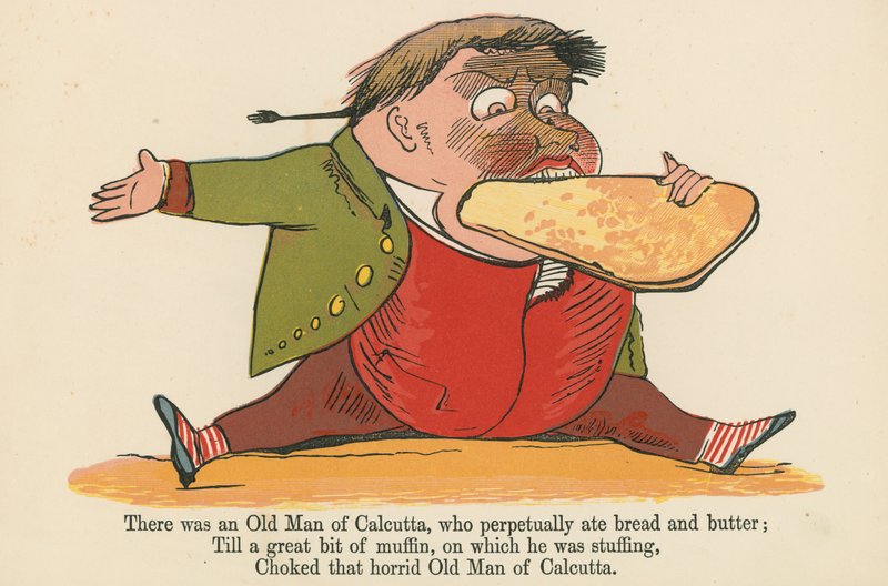 Havia um Velho Homem de Calcutá, que perpetuamente comia pão e manteiga, de "Um Livro de Tolices", publicado por Frederick Warne and Co., Londres, c.1875 de Edward Lear