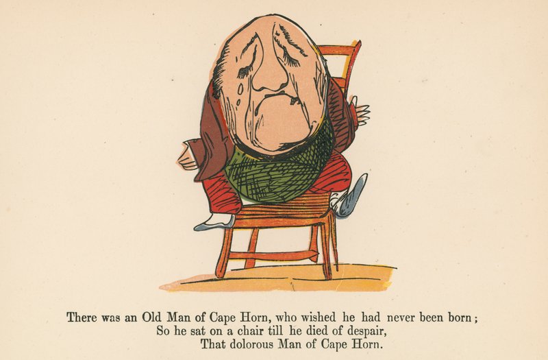 Havia um Velho do Cabo Horn, que desejava nunca ter nascido, de "Um Livro de Tolices", publicado por Frederick Warne and Co., Londres, c.1875. de Edward Lear
