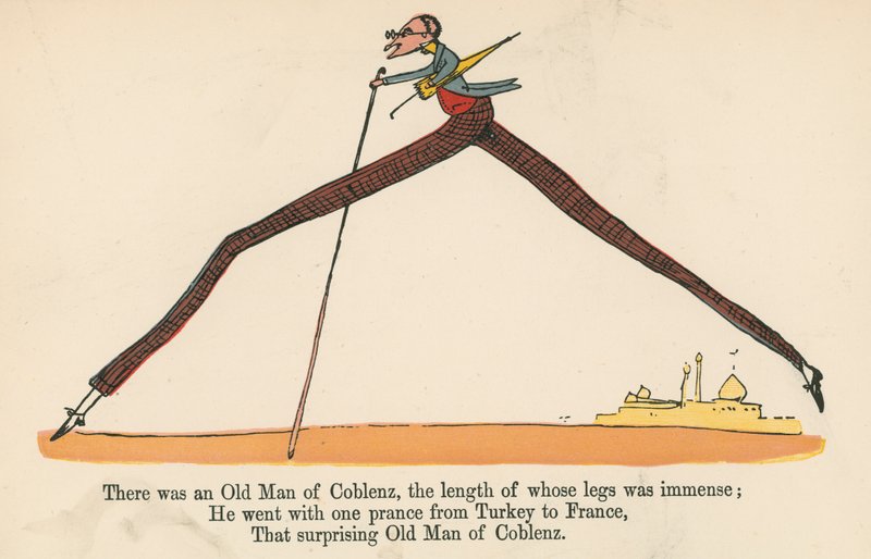 Havia um velho homem de Coblença, cujo comprimento de pernas era imenso, de "Um livro sem sentido", publicado por Frederick Warne and Co., Londres, c.1875. de Edward Lear