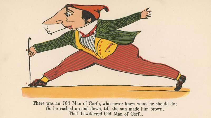 Havia um velho homem de Corfu, que nunca soube o que deveria fazer, de "Um livro do absurdo", publicado por Frederick Warne and Co., Londres, c.1875 de Edward Lear