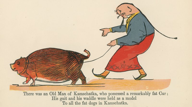 Havia um velho homem de Kanschatka, que possuía um cur inesquecivelmente gordo, de &39;A Book of Nonsense&39;, publicado por Frederick Warne and Co., Londres, c.1875. de Edward Lear