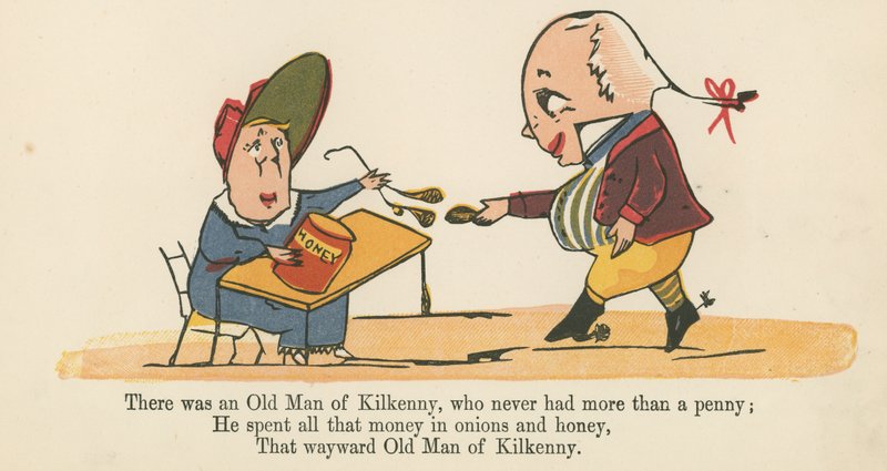 Havia um Velho de Kilkenny, que nunca teve mais que um centavo, de "Um Livro de Tolices", publicado por Frederick Warne and Co., Londres, c.1875 de Edward Lear