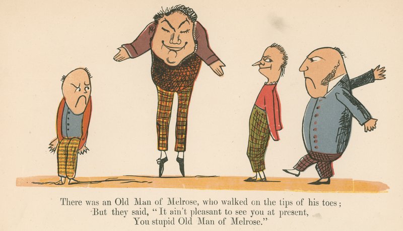 Havia um Velho de Melrose, que andava na ponta dos pés, de "Um livro de tolices", publicado por Frederick Warne and Co., Londres, c.1875 de Edward Lear