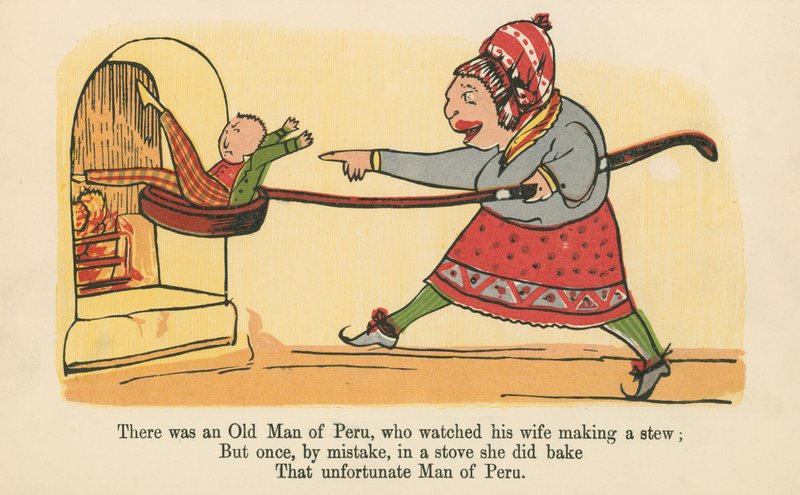 Havia um velho homem do Peru, que viu sua esposa fazer um cozido, de "Um livro de tolices", publicado por Frederick Warne and Co., Londres, c.1875 de Edward Lear