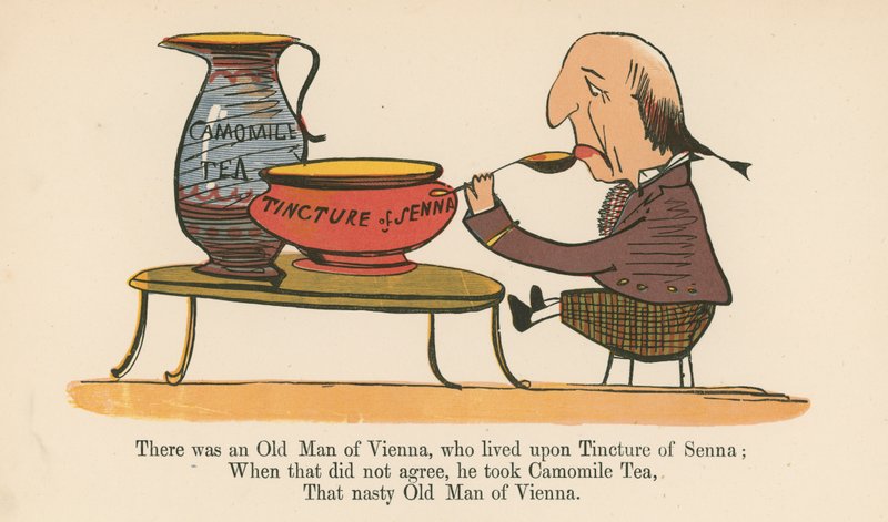 Havia um Velho de Viena, que vivia sobre Tintura de Senna, de "Um Livro de Tolices", publicado por Frederick Warne and Co., Londres, c.1875. de Edward Lear