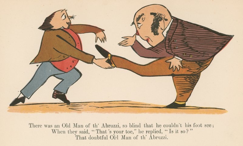 Havia um velho homem de Abruzzi, tão cego que não podia ver o pé, de "Um livro de bobagens", publicado por Frederick Warne and Co., Londres, c.1875 de Edward Lear