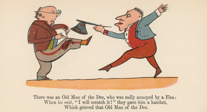 Havia um Velho da Dee, que estava tristemente aborrecido por uma pulga, de "Um Livro de Tolices", publicado por Frederick Warne and Co., Londres, c.1875 de Edward Lear