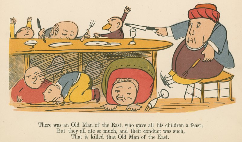 Havia um Velho do Oriente, que deu a todos os seus filhos uma festa, de "Um Livro de Tolices", publicado por Frederick Warne and Co., Londres, c.1875 de Edward Lear