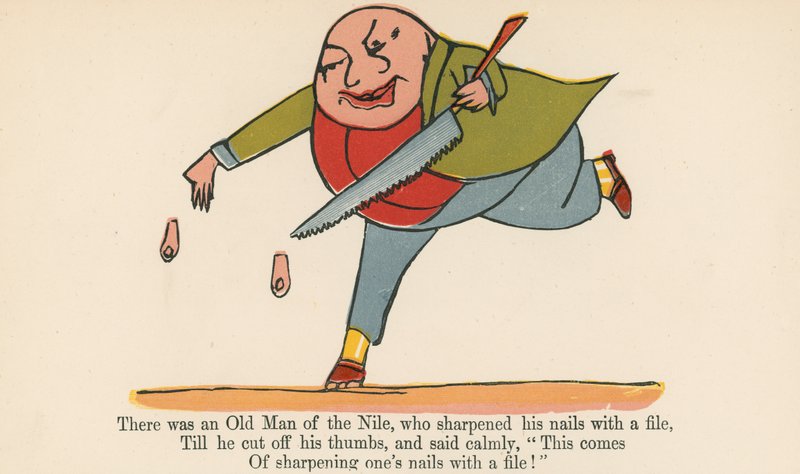 Havia um Velho do Nilo, que afiava as unhas com um arquivo, de "Um livro de tolices", publicado por Frederick Warne and Co., Londres, c.1875 de Edward Lear