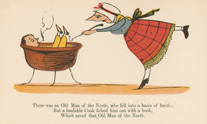 Havia um Velho do Norte, que caiu em uma bacia em caldo, de "Um Livro de Tolices", publicado por Frederick Warne and Co., Londres, c.1875 de Edward Lear