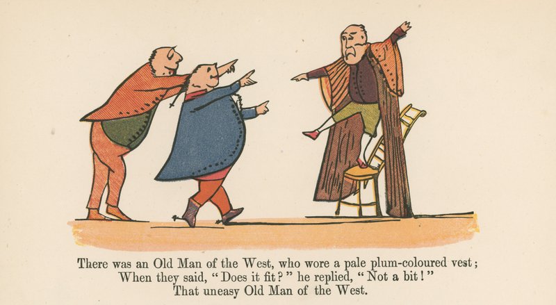 Havia um velho homem do oeste, que usava um colete de cor de ameixa pálida, de "Um livro de bobagens", publicado por Frederick Warne and Co., Londres, c.1875 de Edward Lear