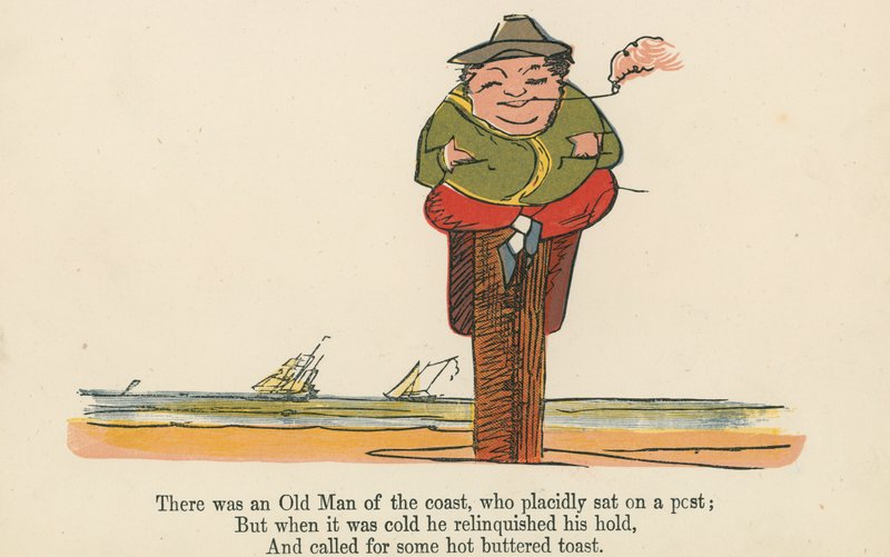 Havia um Velho da costa, que placidamente se sentou em um poste, de "Um Livro de Tolices", publicado por Frederick Warne and Co., Londres, c.1875 de Edward Lear