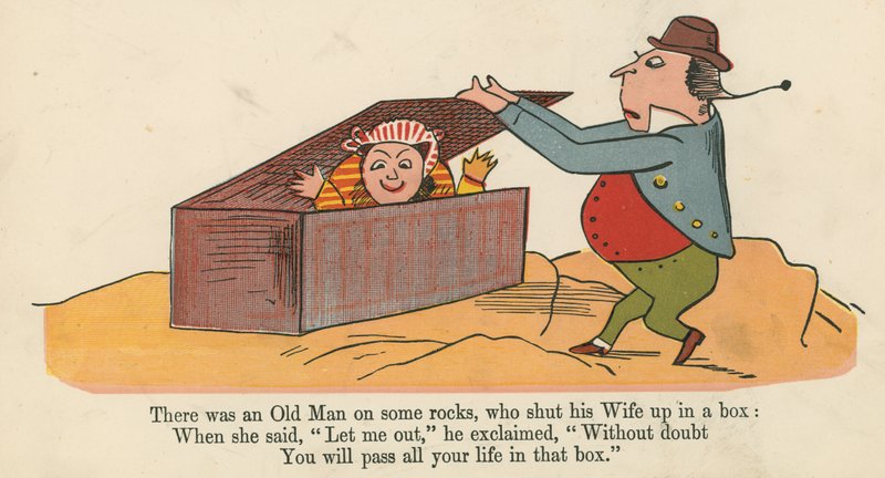 Havia um Velho em algumas pedras, que calou sua esposa em uma caixa, de "Um livro de bobagens", publicado por Frederick Warne and Co., Londres, c.1875 de Edward Lear