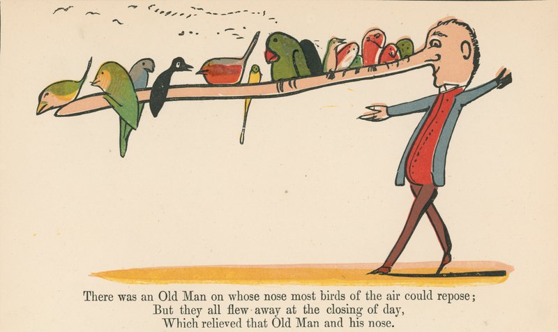 Havia um Ancião em cujo nariz a maioria das aves do ar poderia repousar, de "Um Livro de Tolices", publicado por Frederick Warne and Co., Londres, c.1875 de Edward Lear