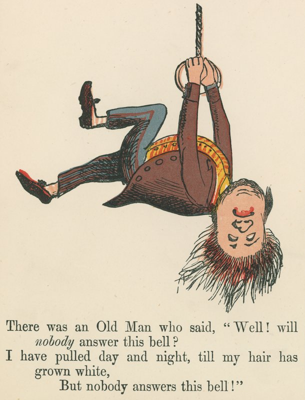 Houve um velho que disse: &39;Bem! Ninguém vai responder a este sino ", de" Um livro do absurdo ", publicado por Frederick Warne and Co., Londres, c.1875 de Edward Lear