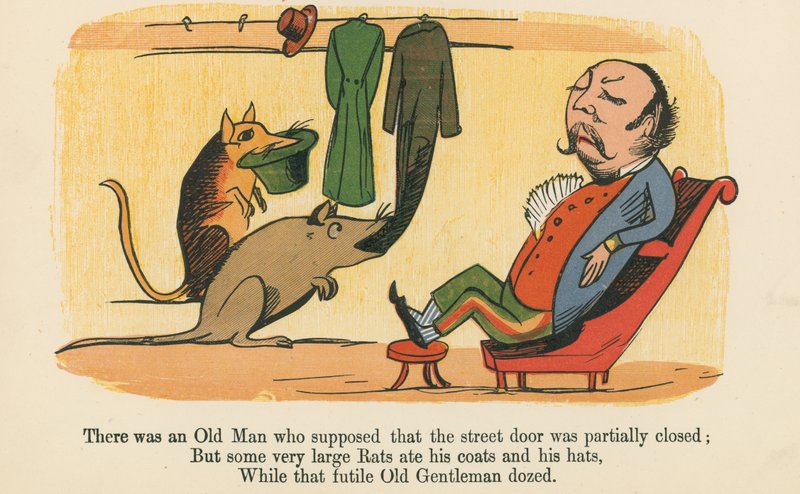 Havia um velho que supunha que a porta da rua estava parcialmente fechada, de "Um livro sem sentido", publicado por Frederick Warne and Co., Londres, c.1875 de Edward Lear