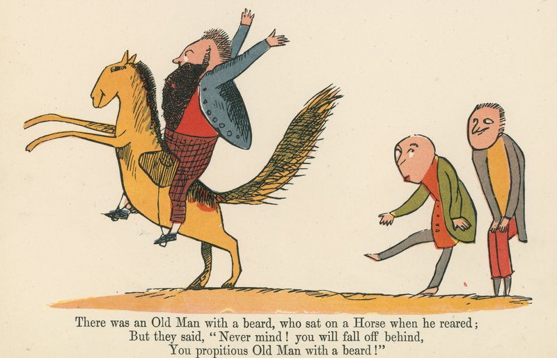 Havia um velho homem de barba, que se sentou em um cavalo quando ele criou, de "Um livro de tolices", publicado por Frederick Warne and Co., Londres, c.1875 de Edward Lear