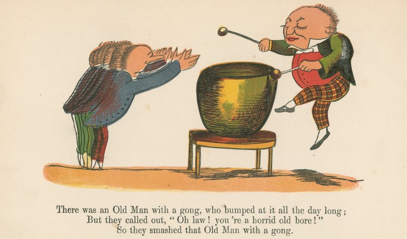 Havia um homem velho com um gongo, que bateu nele o dia todo, de "Um livro de bobagens", publicado por Frederick Warne and Co., Londres, c.1875 de Edward Lear