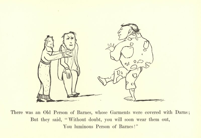 Havia uma pessoa idosa de Barnes, cujos vestuários foram cobertos com Darns de Edward Lear