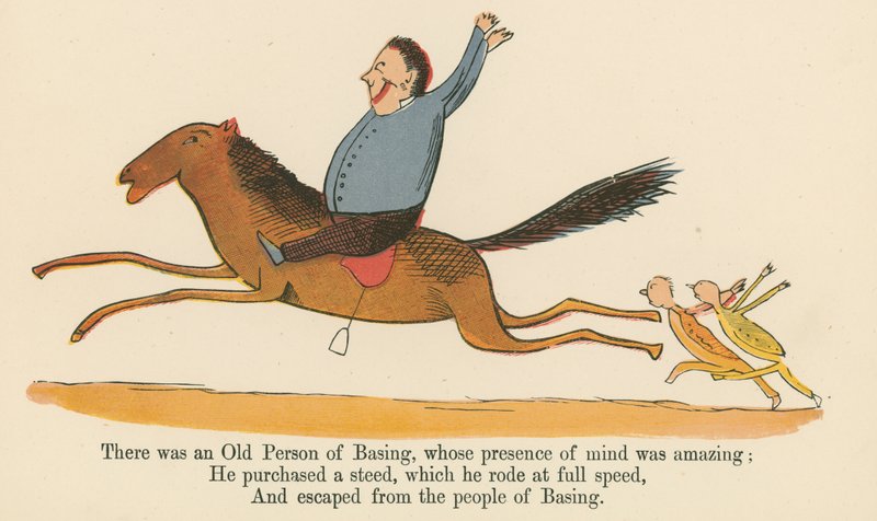 Havia uma Pessoa Antiga de Basing, cuja presença de espírito era surpreendente, de "Um Livro de Tolices", publicado por Frederick Warne and Co., Londres, c.1875. de Edward Lear