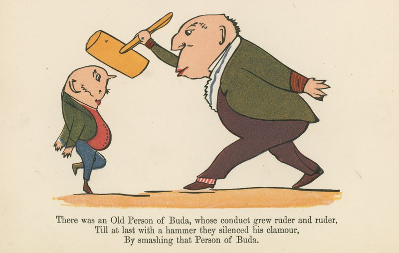 Havia um Velho de Buda, cuja conduta tornou-se mais rude e rude, de "Um Livro de Tolices", publicado por Frederick Warne and Co., Londres, c.1875 de Edward Lear