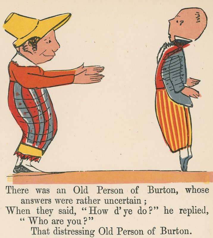 Havia uma Pessoa Antiga de Burton, cujas respostas eram bastante incertas, de "Um Livro de Tolices", publicado por Frederick Warne and Co., Londres, c.1875. de Edward Lear
