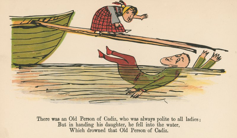 Havia um Velho de Cádis, que sempre foi educado com todas as senhoras de &39;Um livro de bobagens&39;, publicado por Frederick Warne and Co., Londres, c.1875 de Edward Lear