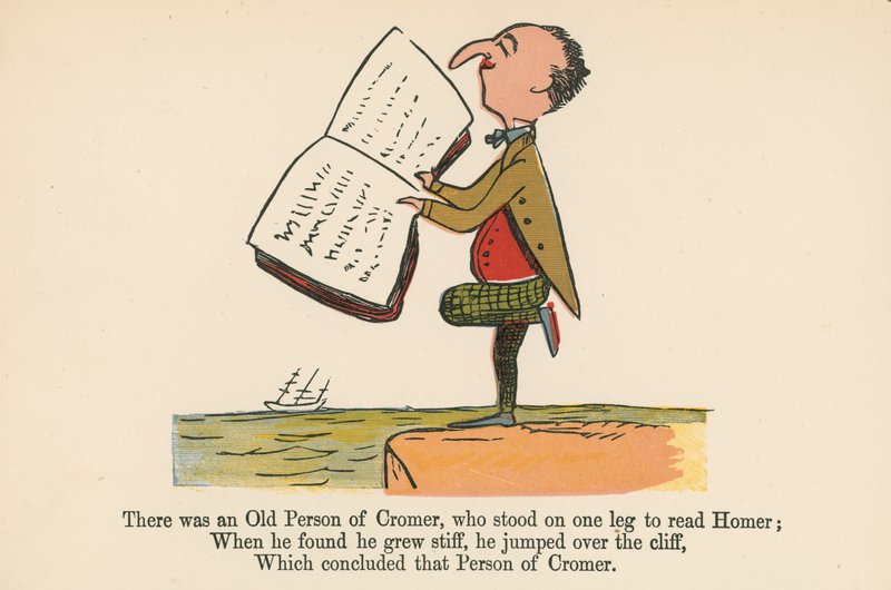 Havia uma pessoa de idade de Cromer, que estava em uma perna para ler Homer, de "Um livro de bobagens", publicado por Frederick Warne and Co., Londres, c.1875 de Edward Lear