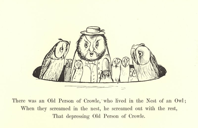 Havia uma pessoa velha de Crowle, que vivia no ninho de uma coruja de Edward Lear