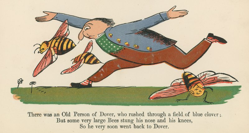 Havia um Velho Pessoa de Dover, que correu através de um campo de trevo azul, de "Um Livro de Tolices", publicado por Frederick Warne and Co., Londres, c.1875 de Edward Lear