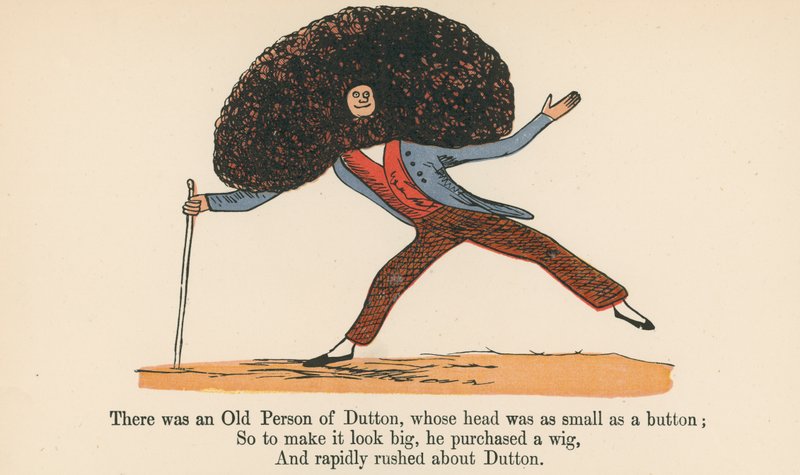 Havia um Velho Pessoa de Dutton, cuja cabeça era tão pequena quanto um botão, de "Um Livro de Tolices", publicado por Frederick Warne and Co., Londres, c.1875 de Edward Lear