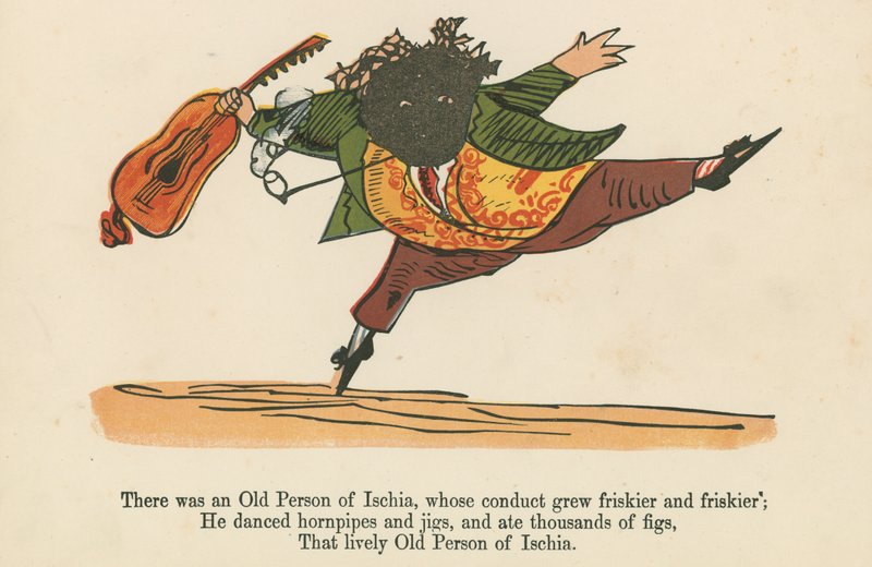 Havia um Velho Pessoa de Ischia, cuja conduta se tornou mais ardilosa e fogosa, de "Um Livro de Tolices", publicado por Frederick Warne and Co., Londres, c.1875 de Edward Lear