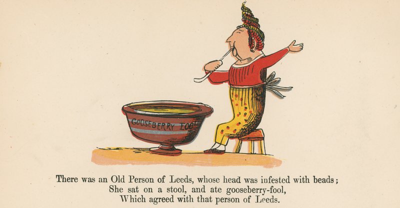 Havia uma pessoa idosa de Leeds, cuja cabeça estava infestada de contas, de "A Book of Nonsense", publicada por Frederick Warne and Co., Londres, c.1875. de Edward Lear