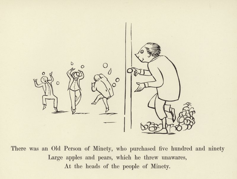 Havia uma pessoa idosa de Minety, que comprou quinhentos e noventa grandes maçãs e pêras de Edward Lear