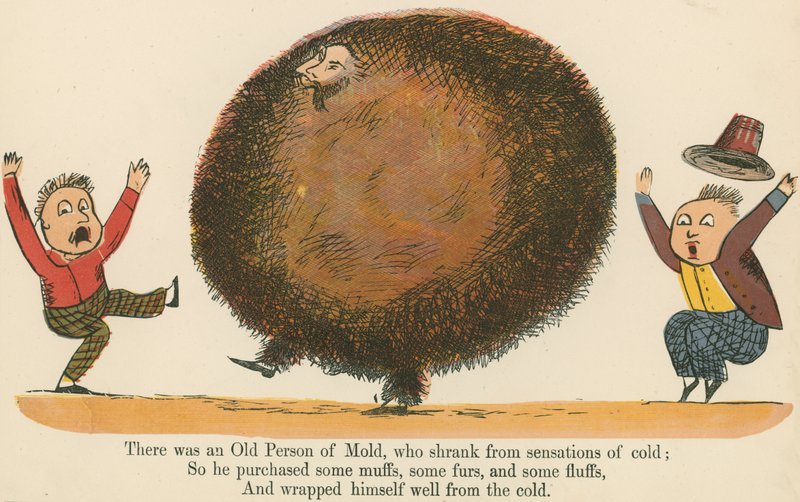 Havia um Velho de Mofo, que se esquivou de sensações de frio, de "Um Livro de Tolices", publicado por Frederick Warne and Co., Londres, c.1875 de Edward Lear